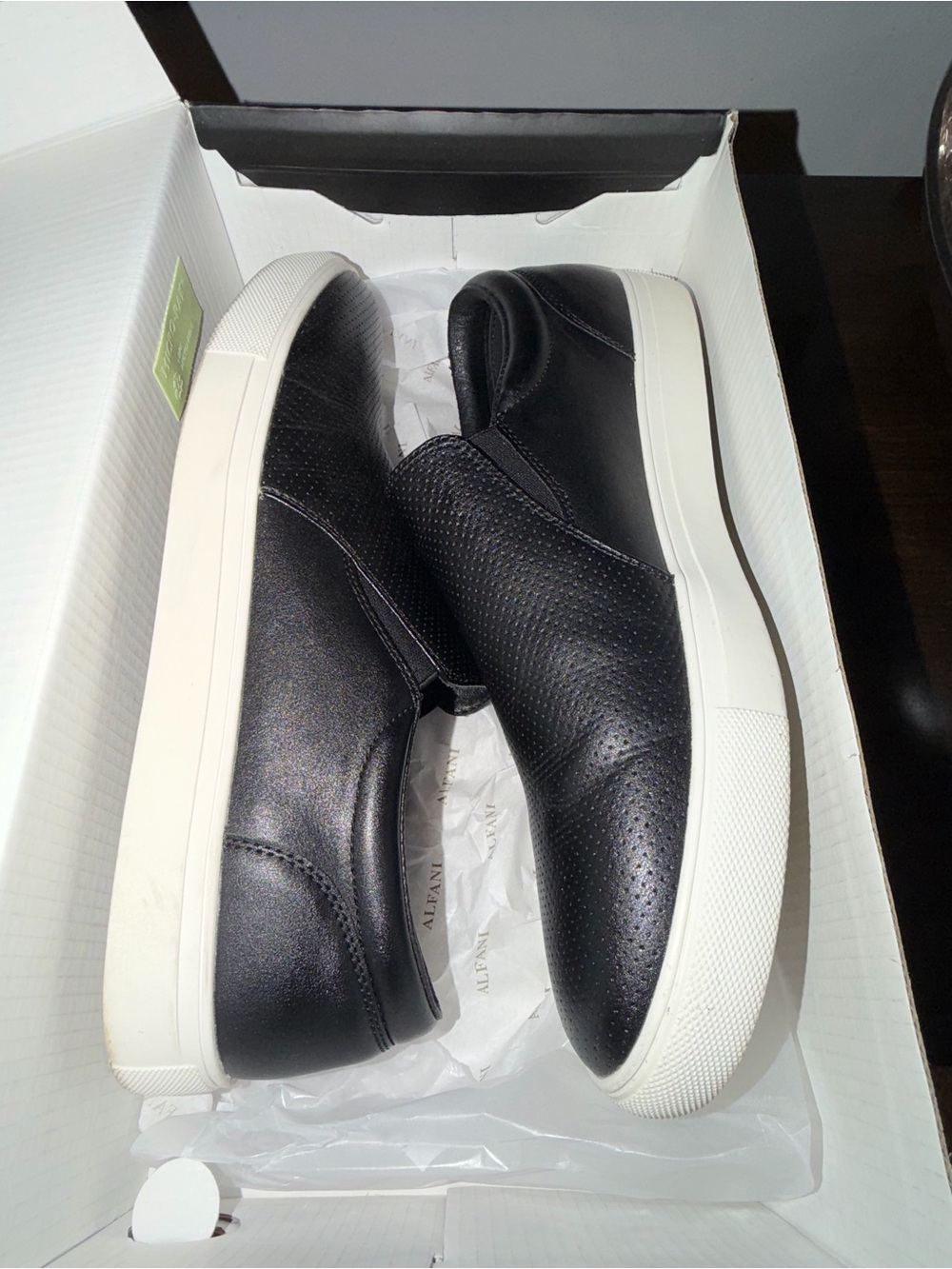 Alfani Black Slip-On Perforated Leather Sneakers with White Sole